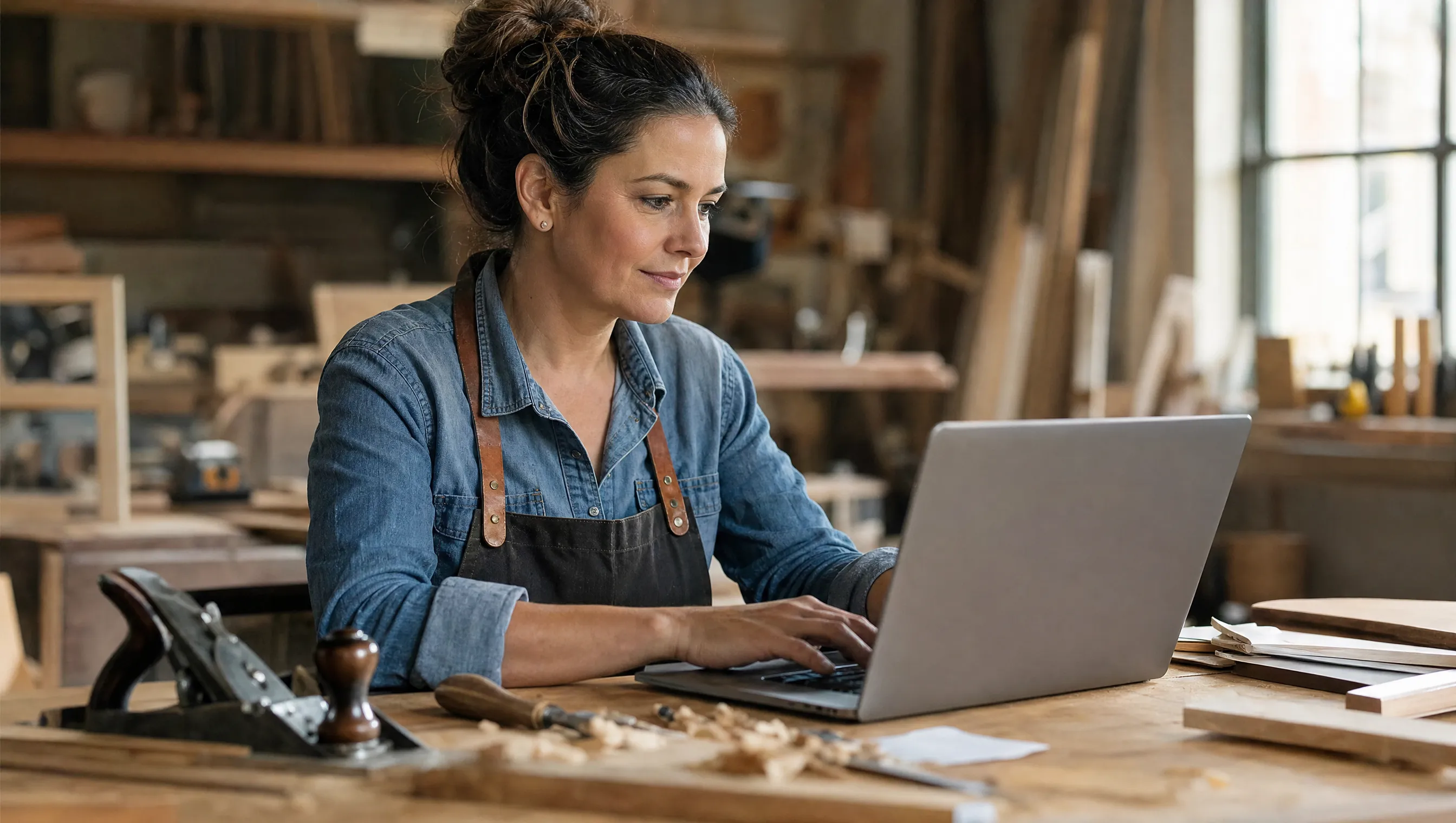 Inhaberin einer kleinen Werkstatt trägt ihre Firma am Laptop kostenlos in ein Online-Firmenverzeichnis ein
